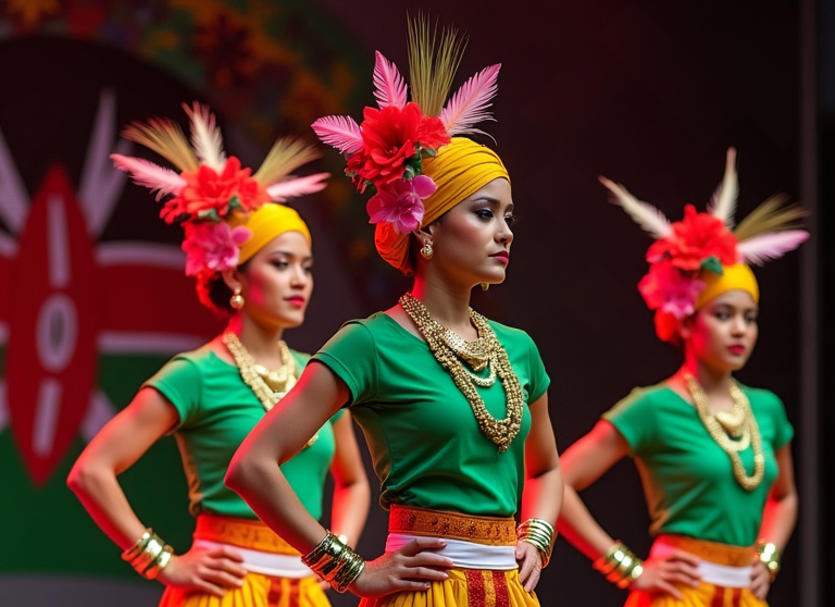 Kenyan women of Indian decent performing a traditional dance in vibrant costumes during a cultural event in Kenya.