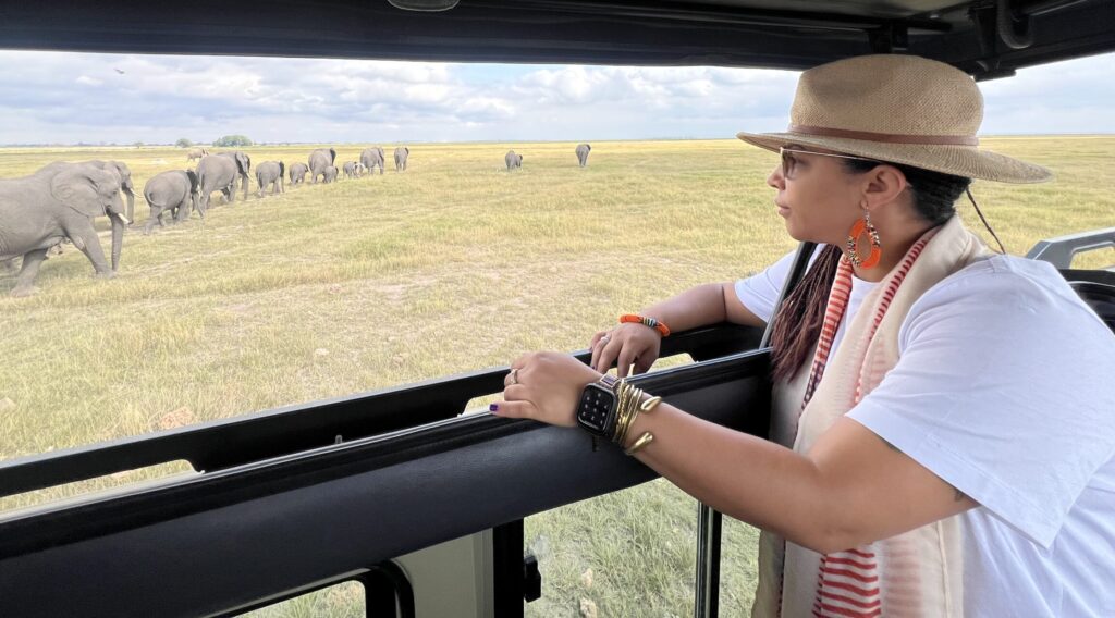 Elizabeth looking out to the elephants in Tsavo national park