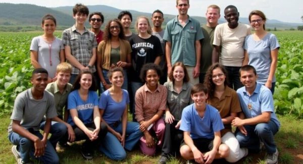 A group of American students visiting a farm during an educational trip in Kenya, standing together in a lush green field.